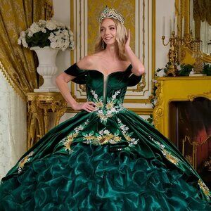 New Off Shoulder Long Quinceanera Velvet Dress w/ Floral Lace Applique GL3637